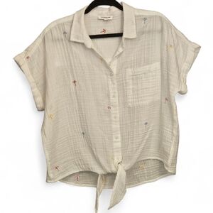 BeachLunchLounge Embroidered Cotton Gauze Tie-Front Shirt